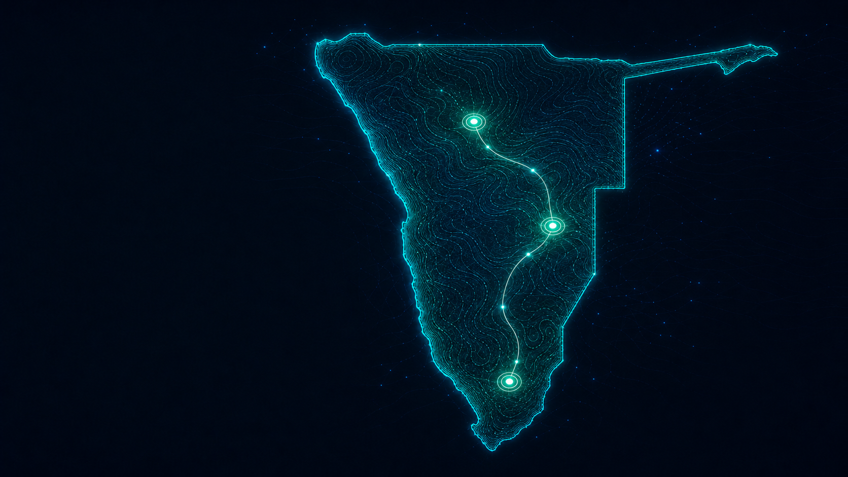 Luminous digital topography shaped like Namibia and representing its connected technology ecosystem