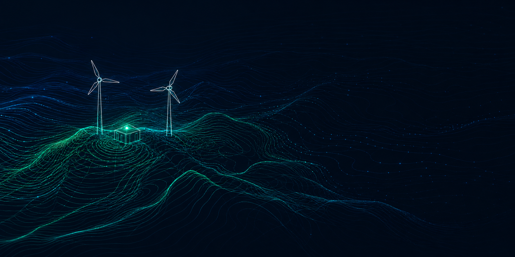 Digital topographic landscape with wind turbines
